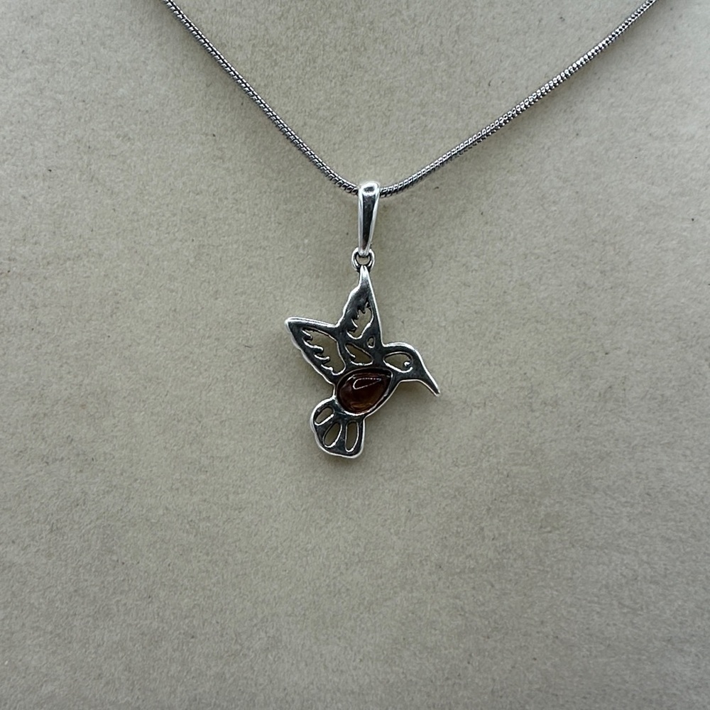 Silver and Amber Hummingbird Pendant Necklace on Silver Plated Snake Chain - Picture 2 of 8